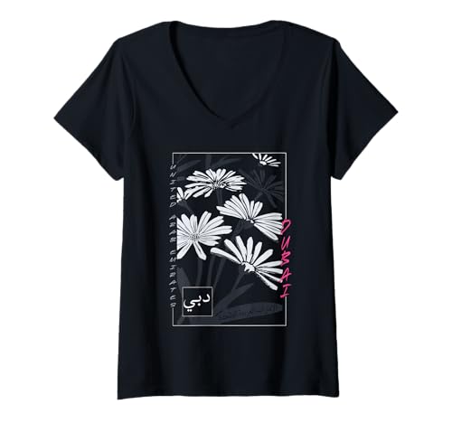 Damen Dubai abstrakte Blumenkunst moderner arabischer Blockdruck T-Shirt mit V-Ausschnitt von The Art of Print by MCMA - Digitally Enhanced Art