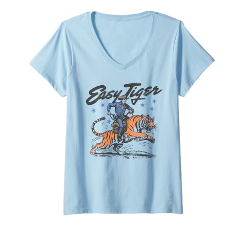 Damen Easy Tiger Lustiger Cowboy Reitender Tiger Retro Western T-Shirt mit V-Ausschnitt von The Art of Print by MCMA - Digitally Enhanced Art