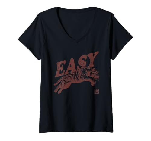 Damen Easy Tiger Retro-Grafik im Vintage-Look T-Shirt mit V-Ausschnitt von The Art of Print by MCMA - Digitally Enhanced Art