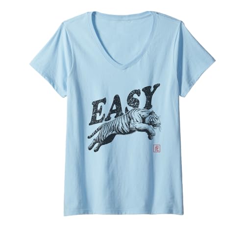 Damen Easy Tiger Retro-Grafik im Vintage-Look T-Shirt mit V-Ausschnitt von The Art of Print by MCMA - Digitally Enhanced Art