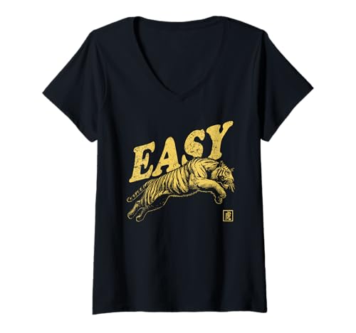 Damen Easy Tiger Retro-Grafik im Vintage-Look T-Shirt mit V-Ausschnitt von The Art of Print by MCMA - Digitally Enhanced Art