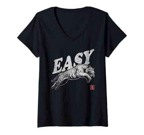 Damen Easy Tiger Retro-Grafik im Vintage-Look T-Shirt mit V-Ausschnitt von The Art of Print by MCMA - Digitally Enhanced Art