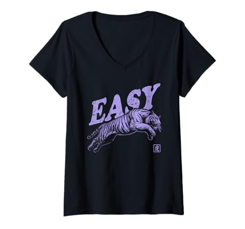 Damen Easy Tiger Retro-Grafik im Vintage-Look T-Shirt mit V-Ausschnitt von The Art of Print by MCMA - Digitally Enhanced Art