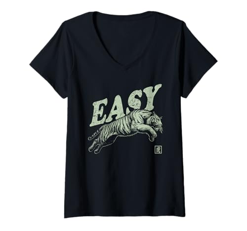 Damen Easy Tiger Retro-Grafik im Vintage-Look T-Shirt mit V-Ausschnitt von The Art of Print by MCMA - Digitally Enhanced Art