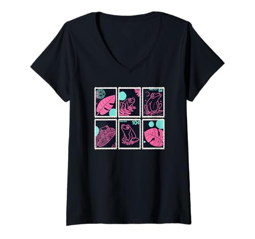 Damen Frosch Stempel Art Boho Cottagecore Vintage Froggy Design T-Shirt mit V-Ausschnitt Damen Frosch Stempel Art Boho Cottagecore Vintage Froggy Design T-Shirt mit V-Ausschnitt von The Art of Print by MCMA - Digitally Enhanced Art
