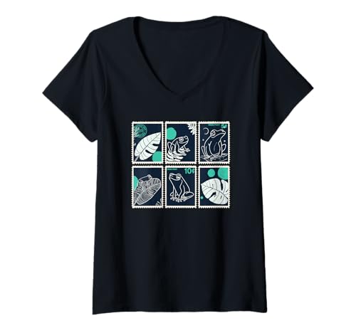 Damen Frosch Stempel Art Boho Cottagecore Vintage Froggy Design T-Shirt mit V-Ausschnitt Damen Frosch Stempel Art Boho Cottagecore Vintage Froggy Design T-Shirt mit V-Ausschnitt von The Art of Print by MCMA - Digitally Enhanced Art