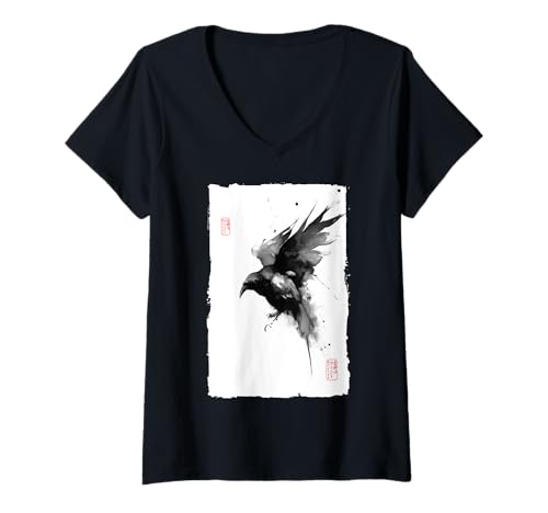 Damen Gothic Raven Crow Japanische Sumi-e Tinte Malerei Vintage T-Shirt mit V-Ausschnitt Damen Gothic Raven Crow Japanische Sumi-e Tinte Malerei Vintage T-Shirt mit V-Ausschnitt von The Art of Print by MCMA - Digitally Enhanced Art