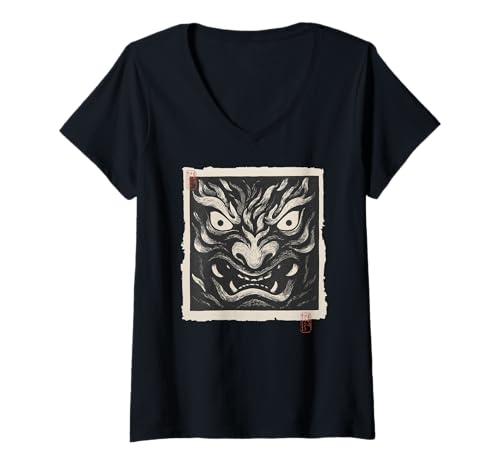 Damen Japanische Oni-Maske Dämon Yokai Vintage Woodblock Print T-Shirt mit V-Ausschnitt von The Art of Print by MCMA - Digitally Enhanced Art