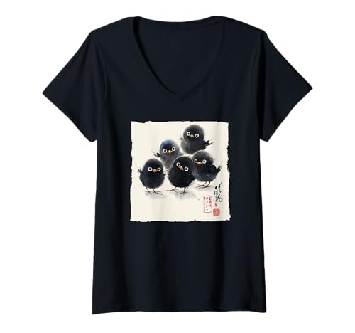 Damen Japanische Sumi-e Tintenmalerei Holzkohle Vögel Kunst T-Shirt mit V-Ausschnitt von The Art of Print by MCMA - Digitally Enhanced Art