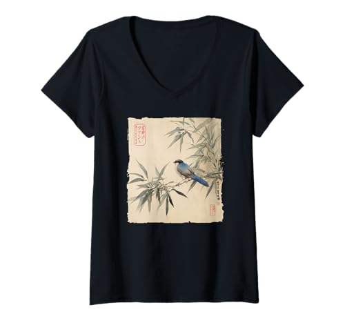 Damen Japanischer Blauer Jay auf Bambuszweig Vintage Vogelkunst T-Shirt mit V-Ausschnitt von The Art of Print by MCMA - Digitally Enhanced Art