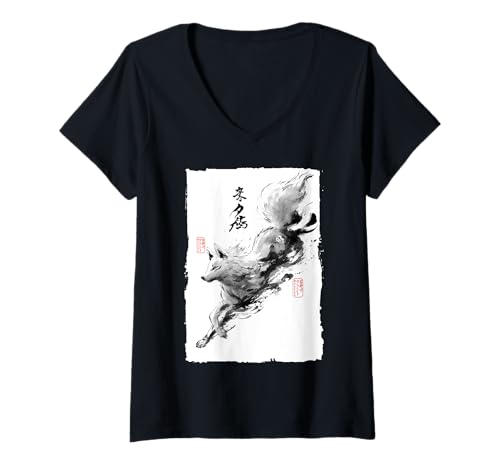 Damen Japanischer springender Fuchs Kunst Vintage Sumi-e Kitsune T-Shirt mit V-Ausschnitt von The Art of Print by MCMA - Digitally Enhanced Art