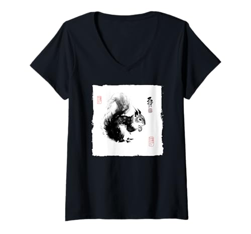 Damen Japanisches Eichhörnchen Sumi-e Tintenmalerei Vintage Kunst T-Shirt mit V-Ausschnitt Damen Japanisches Eichhörnchen Sumi-e Tintenmalerei Vintage Kunst T-Shirt mit V-Ausschnitt von The Art of Print by MCMA - Digitally Enhanced Art