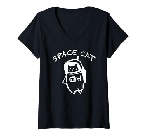Damen Kawaii Neko Space Program Space Cat Japanischer Stil Kunst T-Shirt mit V-Ausschnitt von The Art of Print by MCMA - Digitally Enhanced Art