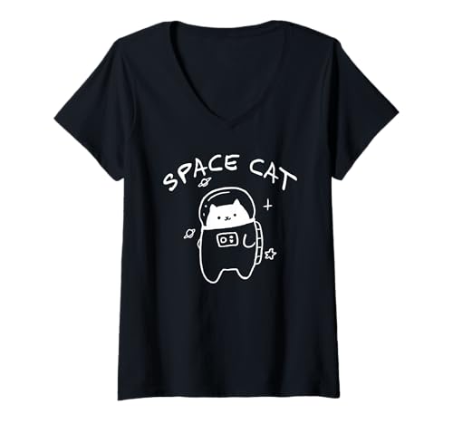 Damen Kawaii Neko Weltraumprogramm T-Shirt mit V-Ausschnitt von The Art of Print by MCMA - Digitally Enhanced Art