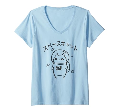 Damen Kawaii Neko Weltraumprogramm T-Shirt mit V-Ausschnitt von The Art of Print by MCMA - Digitally Enhanced Art
