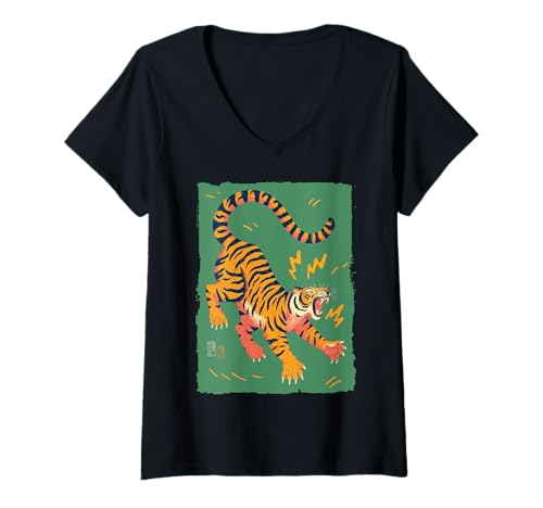 Damen Lustiger Tiger Retro Cartoon Vintage Goofy 70er Jahre Kunst T-Shirt mit V-Ausschnitt von The Art of Print by MCMA - Digitally Enhanced Art