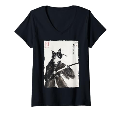 Damen Samurai Katze Japanische Tinte Kunst Vintage Krieger Katana T-Shirt mit V-Ausschnitt von The Art of Print by MCMA - Digitally Enhanced Art