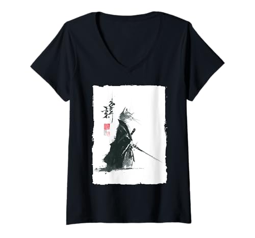Damen Tabby Cat Samurai Japanisches Sumi-e Tuschmalerei Ronin T-Shirt mit V-Ausschnitt von The Art of Print by MCMA - Digitally Enhanced Art