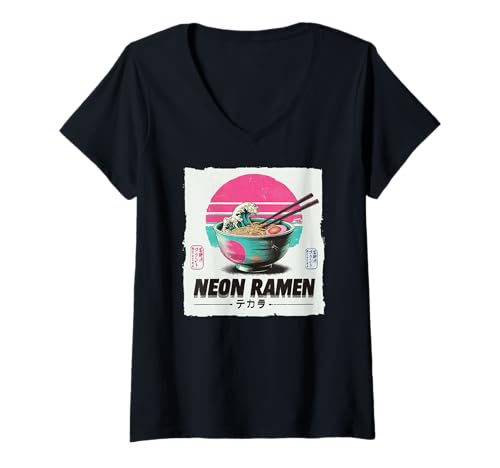 Damen Vintage Vaporwave 80er Jahre Stil japanischer Ramen Great Wave Art T-Shirt mit V-Ausschnitt von The Art of Print by MCMA - Digitally Enhanced Art