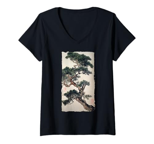 Damen Zen Bonsai Baum Japanische Tusche Malerei Vintage Kunst Geschenk T-Shirt mit V-Ausschnitt Damen Zen Bonsai Baum Japanische Tusche Malerei Vintage Kunst Geschenk T-Shirt mit V-Ausschnitt von The Art of Print by MCMA - Digitally Enhanced Art