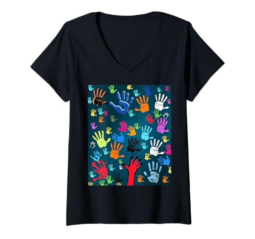 Damen Bunte Handabdruckkunst – Einheit, Vielfalt und Ausdruck T-Shirt mit V-Ausschnitt Damen Bunte Handabdruckkunst – Einheit, Vielfalt und Ausdruck T-Shirt mit V-Ausschnitt von The Awesome Digital Art Collection
