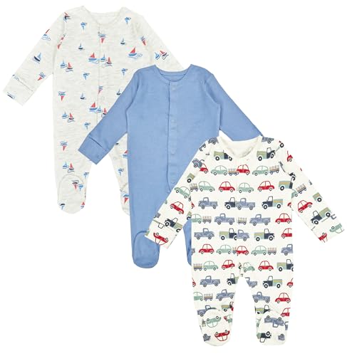Baby Jungen Schlafstrampler 3er Pack Blau Autos Boote Baby Strampler, blau, 18-24 Months von The Baby Box UK