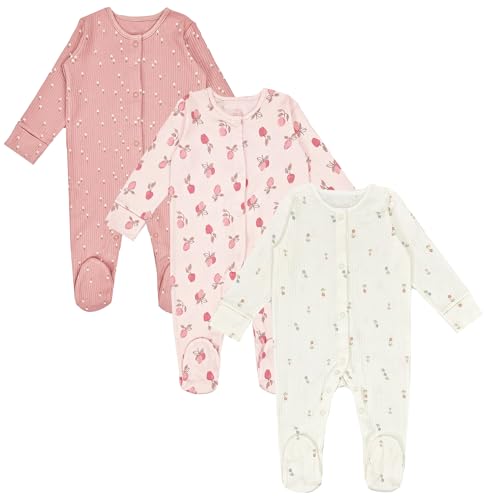 Baby Mädchen Schlafstrampler 3er Pack rosa Blumen Obst Baby Strampler, rose, 0-3 Months von The Baby Box UK