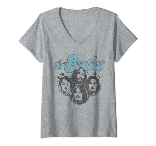 Damen The Beatles - Groovy Blue Logo mit Gesichtern der Bandmitglieder T-Shirt mit V-Ausschnitt von The Beatles