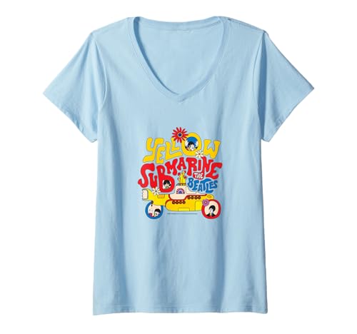 Damen The Beatles Yellow Submarine – Gruppenbuchstaben T-Shirt mit V-Ausschnitt von The Beatles