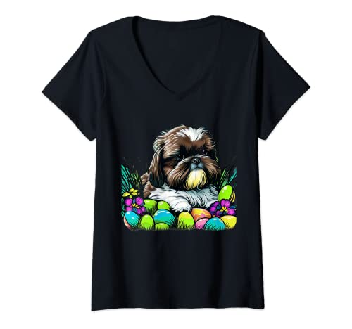 Damen Ostern stilvolle Kunst mit bezauberndem Hund und Ostereiern Frauen T-Shirt mit V-Ausschnitt von The Beautiful Easter Animal Art Shop