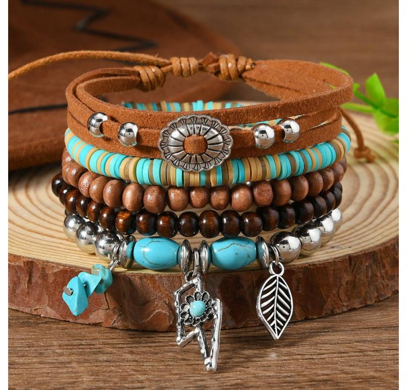 The Beauty House Armband Boho Vintage Armband 5er Set mit Perlen Leder und Anhängern, Ethno Hippie Schmuck für Festival Sommer Alltag von The Beauty House