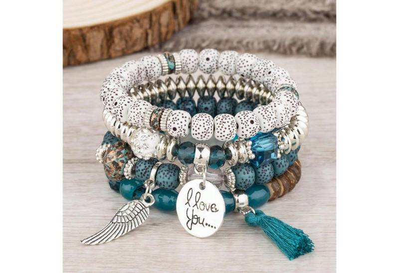 The Beauty House Armband Set Boho Armband Damen Set – 5-teilige Perlenarmbänder, in Türkis & Silber mit Anhängern, elastisch & stilvoll von The Beauty House