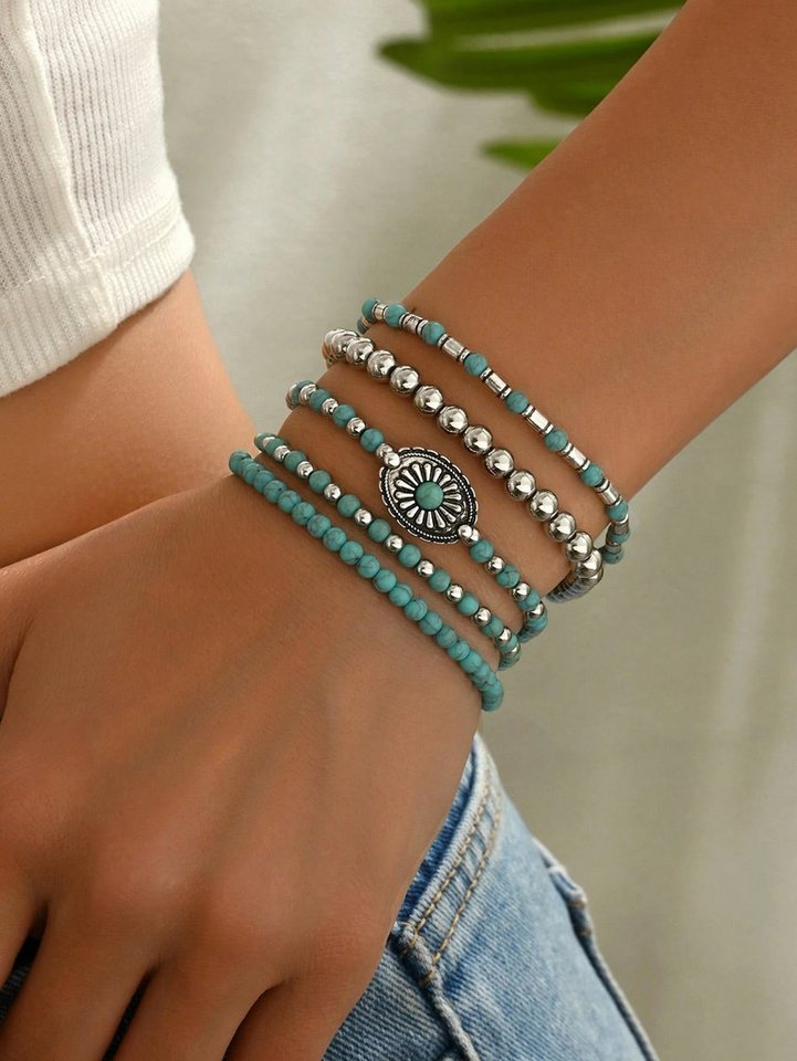 The Beauty House Armband Set Boho Armband Set, türkis & silber, Perlenarmbänder mit Sonnenanhänger (5-teilig) von The Beauty House