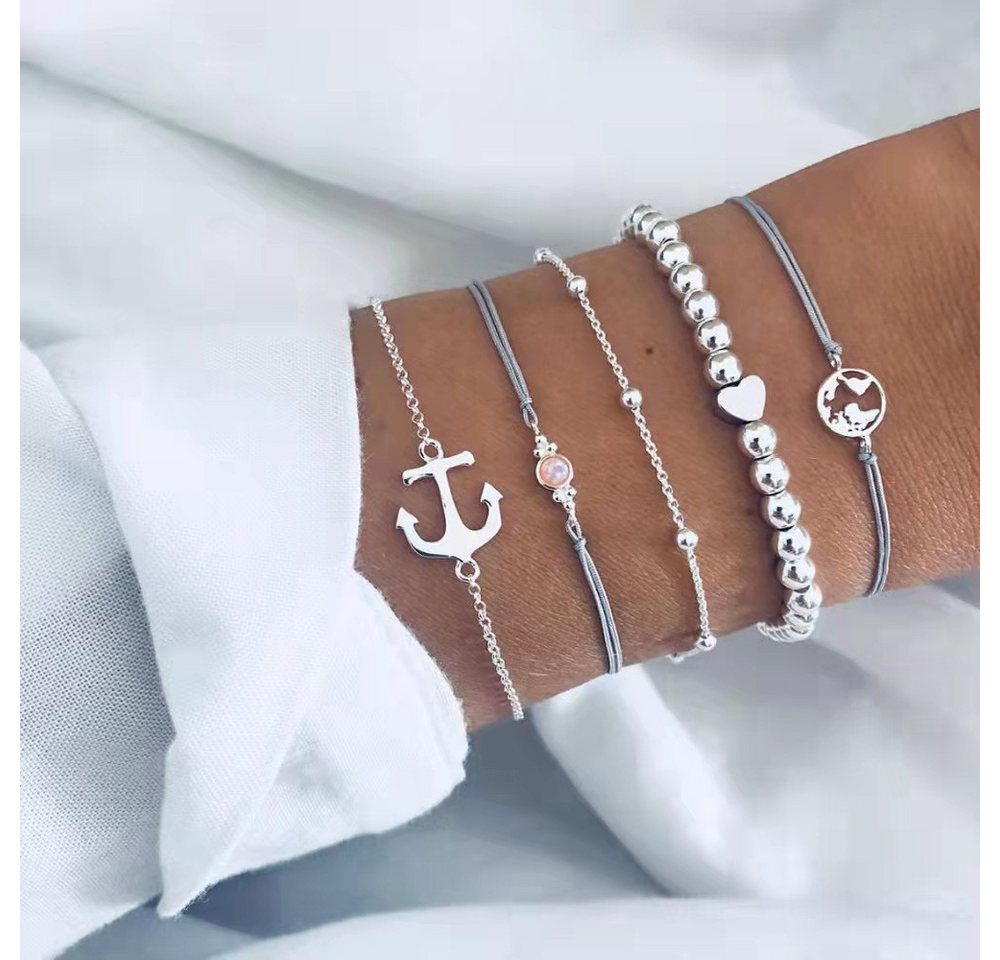 The Beauty House Armband Set Elegantes Armband-Set aus Legierung –5-teiliges Damenarmband, mit Anker, Herz & Perlen, verstellbar, modischer Schmuck von The Beauty House