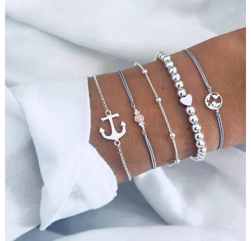 The Beauty House Armband Set Elegantes Armband-Set aus Legierung –5-teiliges Damenarmband, mit Anker, Herz & Perlen, verstellbar, modischer Schmuck von The Beauty House