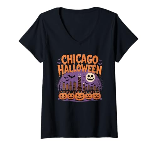 Damen Einfache Kostümidee für Halloween, Illinois, Skyline des Mittleren Westens T-Shirt mit V-Ausschnitt Damen Einfache Kostümidee für Halloween, Illinois, Skyline des Mittleren Westens T-Shirt mit V-Ausschnitt von The Best Chicago Designs