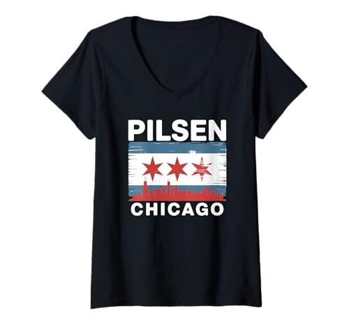 Damen Pilsen Chicago Nachbarschaft Pride Flagge Stadt Skyline Illinois T-Shirt mit V-Ausschnitt Damen Pilsen Chicago Nachbarschaft Pride Flagge Stadt Skyline Illinois T-Shirt mit V-Ausschnitt von The Best Chicago Designs