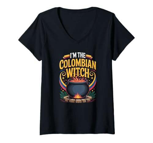 Damen Ich Bin die kolumbianische Hexe, einfaches Halloween-Kostüm mit kolumbianischer Flagge T-Shirt mit V-Ausschnitt Damen Ich Bin die kolumbianische Hexe, einfaches Halloween-Kostüm mit kolumbianischer Flagge T-Shirt mit V-Ausschnitt von The Best Colombia Designs