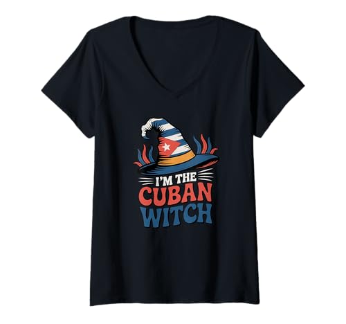 Damen Ich Bin die kubanische Hexe, einfache Halloween-Kostümidee, Flagge Kubas T-Shirt mit V-Ausschnitt Damen Ich Bin die kubanische Hexe, einfache Halloween-Kostümidee, Flagge Kubas T-Shirt mit V-Ausschnitt von The Best Cuban Designs