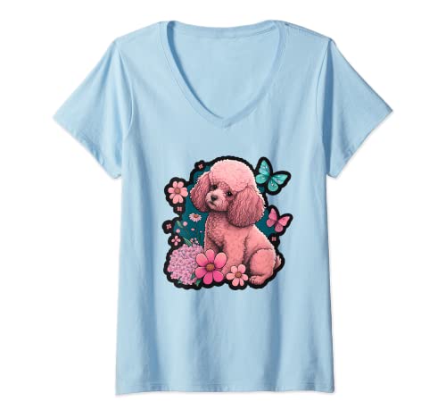 Damen Süßer Baby Pudel Hund Welpe Schmetterling Retro Aufkleber T-Shirt mit V-Ausschnitt Damen Süßer Baby Pudel Hund Welpe Schmetterling Retro Aufkleber T-Shirt mit V-Ausschnitt von The Best Designs I Trends & Gifts I Born for Art