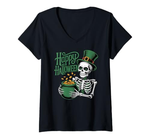 Damen Happy Halloween Irish Leprechaun Skelett Irland Schädel T-Shirt mit V-Ausschnitt Damen Happy Halloween Irish Leprechaun Skelett Irland Schädel T-Shirt mit V-Ausschnitt von The Best Halloween Designs