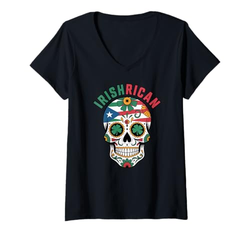 Damen Half Irish Half Puerto Rican Sugar Skull Puerto Rico Irland T-Shirt mit V-Ausschnitt Damen Half Irish Half Puerto Rican Sugar Skull Puerto Rico Irland T-Shirt mit V-Ausschnitt von The Best Heritage Designs