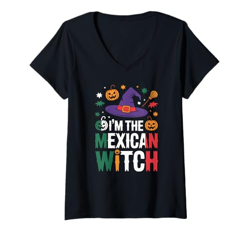 Damen Mexikanische Hexe Halloween Easy Kostüm Mexiko Flagge Kürbis T-Shirt mit V-Ausschnitt Damen Mexikanische Hexe Halloween Easy Kostüm Mexiko Flagge Kürbis T-Shirt mit V-Ausschnitt von The Best Mexico Designs