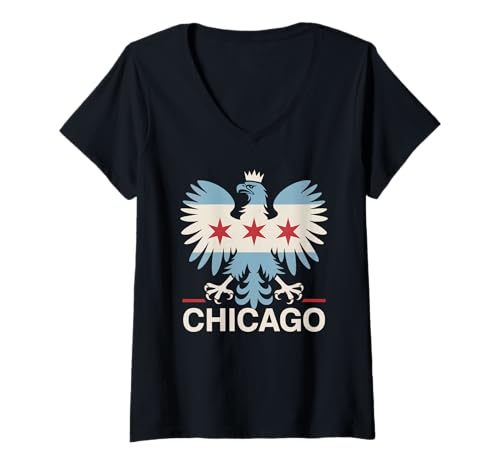 Damen Chicago Flagge Polen Polnisch Einwanderer Adler Polska Amerikanisch T-Shirt mit V-Ausschnitt Damen Chicago Flagge Polen Polnisch Einwanderer Adler Polska Amerikanisch T-Shirt mit V-Ausschnitt von The Best Poland Designs