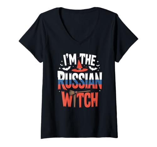 Damen I'm The Russian Witch Einfaches Halloween-Kostüm mit russischer Flagge T-Shirt mit V-Ausschnitt Damen I'm The Russian Witch Einfaches Halloween-Kostüm mit russischer Flagge T-Shirt mit V-Ausschnitt von The Best Russian Designs