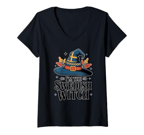 Damen Ich Bin die schwedische Hexe Schweden Flagge Einfaches Halloween-Kostüm T-Shirt mit V-Ausschnitt Damen Ich Bin die schwedische Hexe Schweden Flagge Einfaches Halloween-Kostüm T-Shirt mit V-Ausschnitt von The Best Swedish Designs