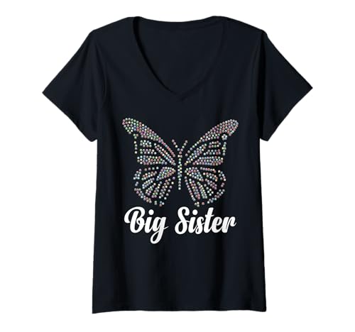 Damen Große Schwester, buntes Schmetterlings-Design für Kinder und Erwachsene, niedlich T-Shirt mit V-Ausschnitt von The Big Sister Store