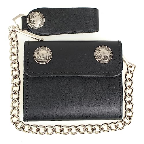 The Bikers Place Trukcer Herren-Geldbörse aus echtem Leder, dreifach gefaltet, 10,2 cm, Edelstahlkette, viele Taschen, Schwarz, 4", Buffalo Nickel von The Bikers Place