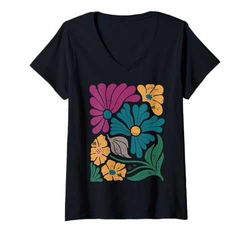 Damen Boho-Blumenkunst, Vintage-Blockdruck im Retro-Stil mit botanischen Motiven T-Shirt mit V-Ausschnitt Damen Boho-Blumenkunst, Vintage-Blockdruck im Retro-Stil mit botanischen Motiven T-Shirt mit V-Ausschnitt von The Boho Garden Press