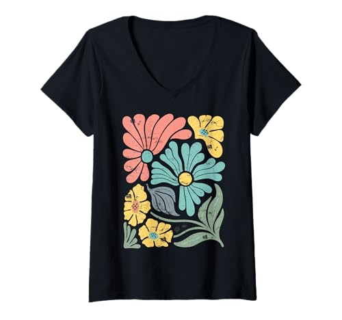 Damen Boho-Blumenkunst, Vintage-Blockdruck im Retro-Stil mit botanischen Motiven T-Shirt mit V-Ausschnitt von The Boho Garden Press